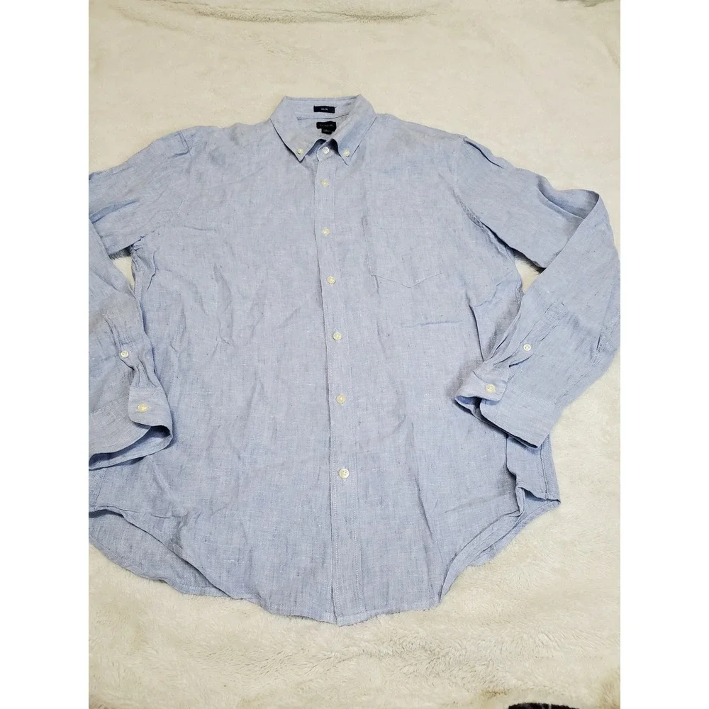 J. Crew Blue Linen Blend Button Dress Shirt Slim Fit Men Large Casual Classic